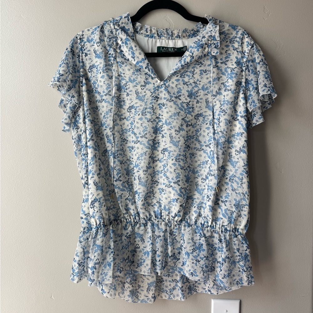 Lauren Ralph Lauren Blue Floral Ruffle Peplum Blouse M Cottagecore Coquette